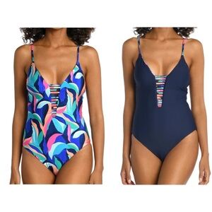 NWT La Blanca Painted Leaves Reversible Plunge One Piece- Size 12
